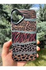 Load image into Gallery viewer, iPhone 16 Plus Uyumlu Kılıf Vintage Leopar Desenli Çizgili Metalik Tuşlu Kamera Çıkıntılı Kapak