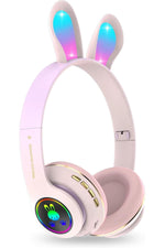 Load image into Gallery viewer, 6 Saat Uzun Kullanım Micro SD/Bluetooth Tavşan Kulak Renkli Işıklı RGB Kulaküstü Kablosuz Kulaklık
