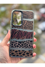 Load image into Gallery viewer, Samsung Galaxy S24 Fe Uyumlu Kılıf Leopar Desenli Kahverengi Çizgili Metalik Tuşlu Kamera Çıkıntılı