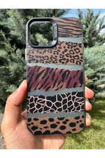 Load image into Gallery viewer, iPhone 15 Uyumlu Kılıf Leopar Desenli Kahverengi Çizgili Metalik Tuşlu Kamera Kenar Çıkıntılı Kapak