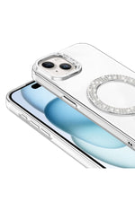 Load image into Gallery viewer, iPhone 15 Uyumlu Kılıf Simli Parlak Stand Olabilen Magsafe Şarj için Uygun Renkli Arka Kapak