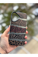 Load image into Gallery viewer, iPhone 16 Plus Uyumlu Kılıf Vintage Leopar Desenli Çizgili Metalik Tuşlu Kamera Çıkıntılı Kapak