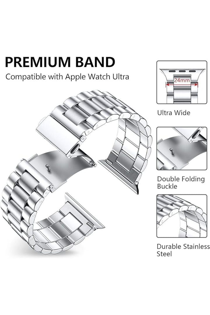 Apple Watch 9 8 7 6 5 4 3 2 Se 42mm/44mm/45mm/49mm Uyumlu Kordon Ayarlanablir Parlak Metal Paslanmaz