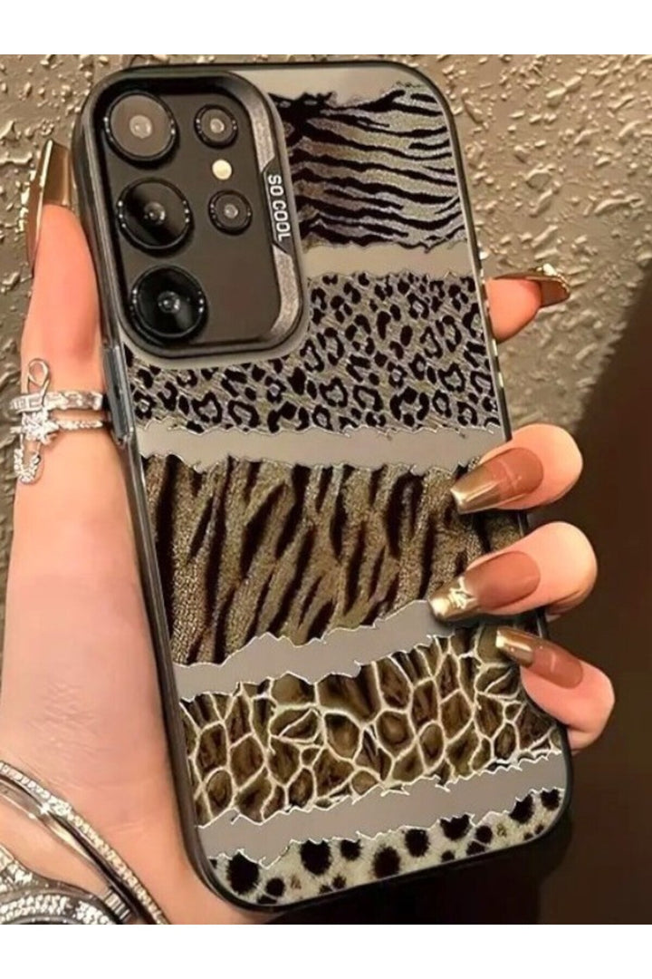 Samsung Galaxy S24 Ultra Uyumlu Kılıf Leopar Desenli Kahverengi Çizgili Metalik Tuşlu Kamera Çıkıntı
