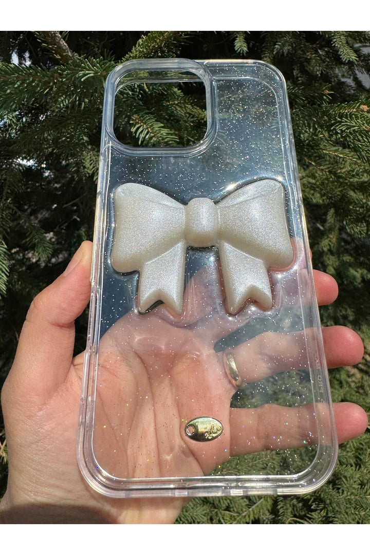 iPhone 14 Pro Max Uyumlu Kılıf Simli Parlak Fiyonk Desenli Silikon Kamera Çevresi Koruyucu Kapak