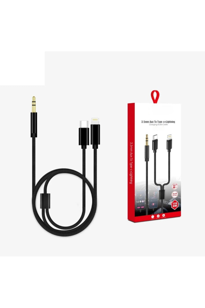 Lightning/Type-C Uyumlu Aux Kablosu 3.5mm Jack Tüm Modeller ile Uyumlu Örgü Dayanıklı Ses Kablosu