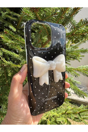 iPhone 15 Pro Max Uyumlu Kılıf Simli Parlak Fiyonk Desenli Silikon Kamera Çevresi Koruyucu Kapak
