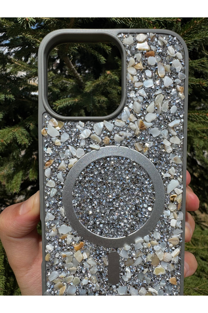 iPhone 15 Pro Max Uyumlu Taşlı Magsafe Kılıf Parlak Taşlı Simli Koruyucu Kablosuz Şarj Silikon Kapak