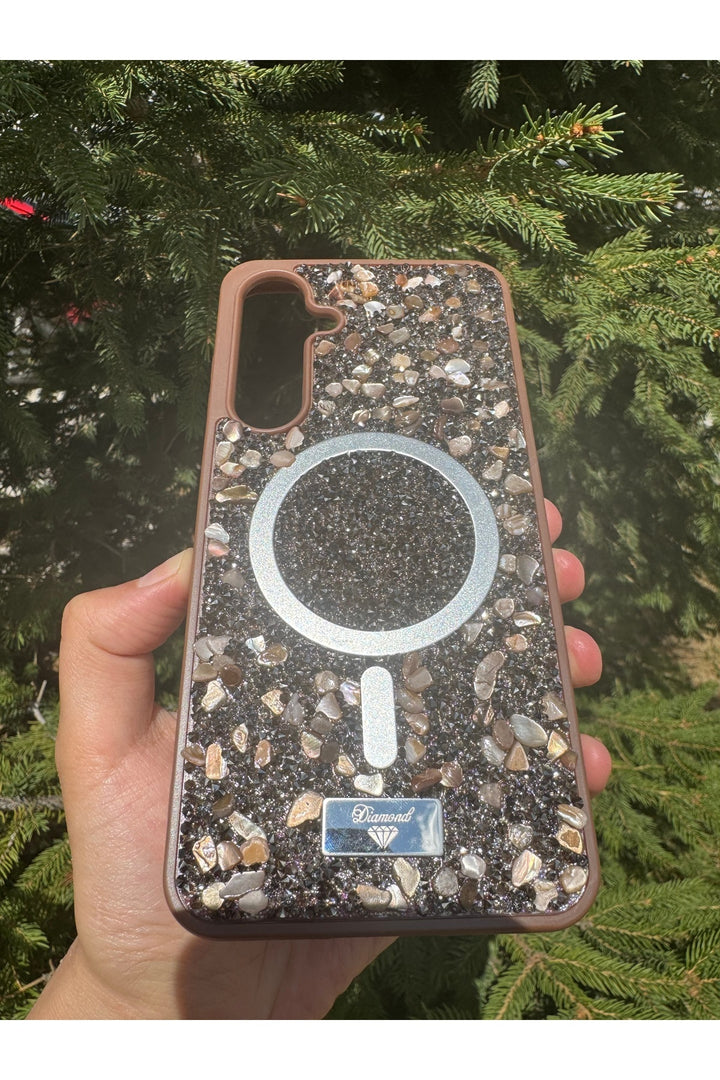 Samsung Galaxy S24 Plus/S25 Plus Uyumlu Taşlı Magsafe Kılıf Parlak Taşlı Simli Koruyucu Silikon