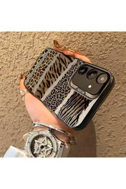 Samsung Galaxy S21 Fe Uyumlu Kılıf Leopar Desenli Kahverengi Çizgili Metalik Tuşlu Kamera Çıkıntılı