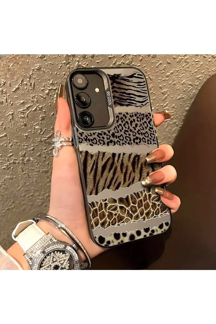 Samsung Galaxy A34 Uyumlu Kılıf Leopar Desenli Kahverengi Çizgili Metalik Tuşlu Kamera Çıkıntılı