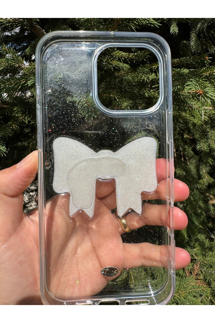 iPhone 16 Pro Uyumlu Kılıf Simli Parlak Fiyonk Desenli Silikon Kamera Çevresi Koruyucu Kapak