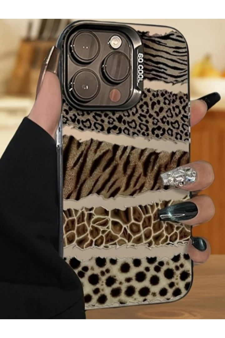 iPhone 14 Pro Uyumlu Kılıf Leopar Desenli Kahverengi Çizgili Metalik Tuşlu Kamera Kenar Çıkıntılı