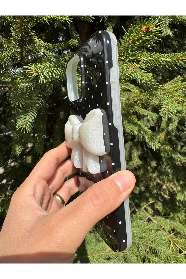 iPhone 16 Pro Max Uyumlu Kılıf Simli Parlak Fiyonk Desenli Silikon Kamera Çevresi Koruyucu Kapak