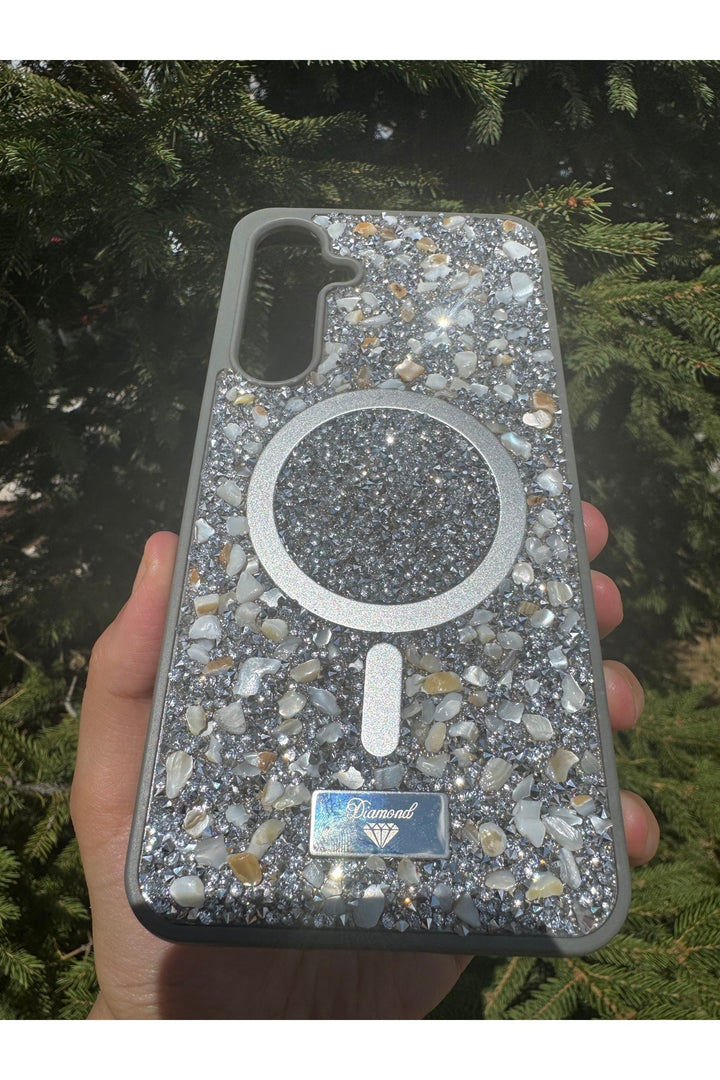 Samsung Galaxy S24 Plus/S25 Plus Uyumlu Taşlı Magsafe Kılıf Parlak Taşlı Simli Koruyucu Silikon