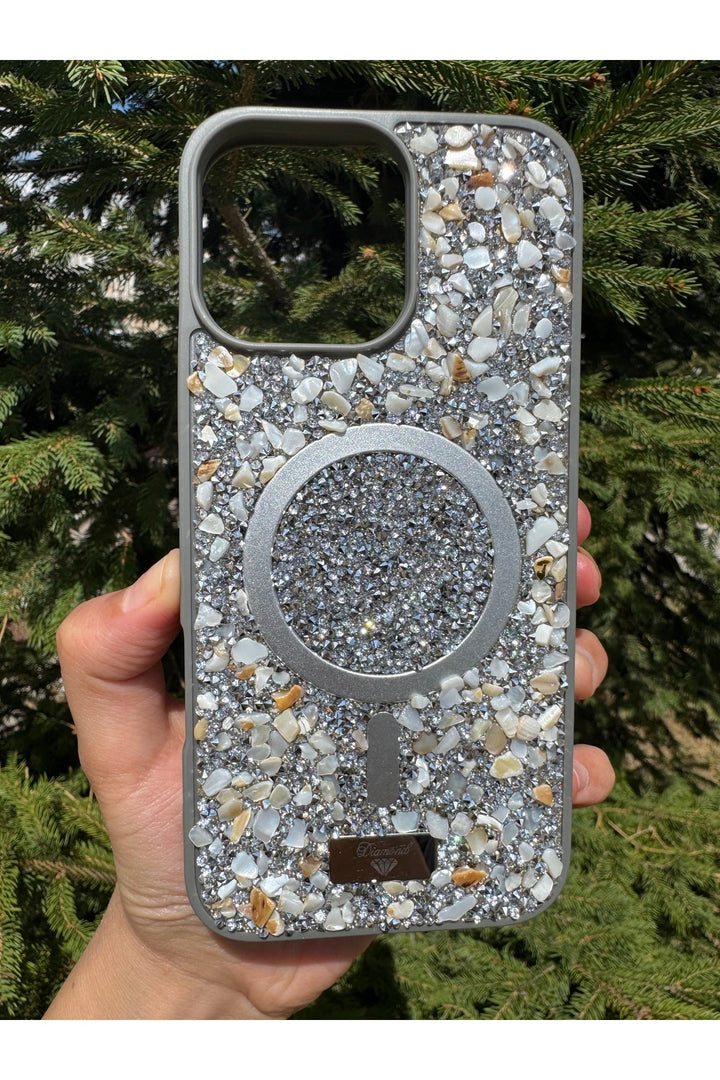 iPhone 16 Pro Max Uyumlu Taşlı Magsafe Kılıf Parlak Taşlı Simli Koruyucu Kablosuz Şarj Silikon Kapak