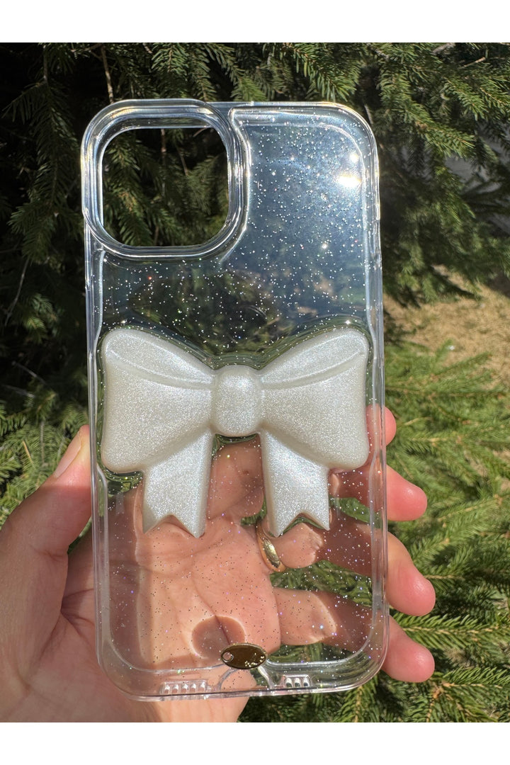iPhone 15 Uyumlu Kılıf Simli Parlak Fiyonk Desenli Silikon Kamera Çevresi Koruyucu Kapak
