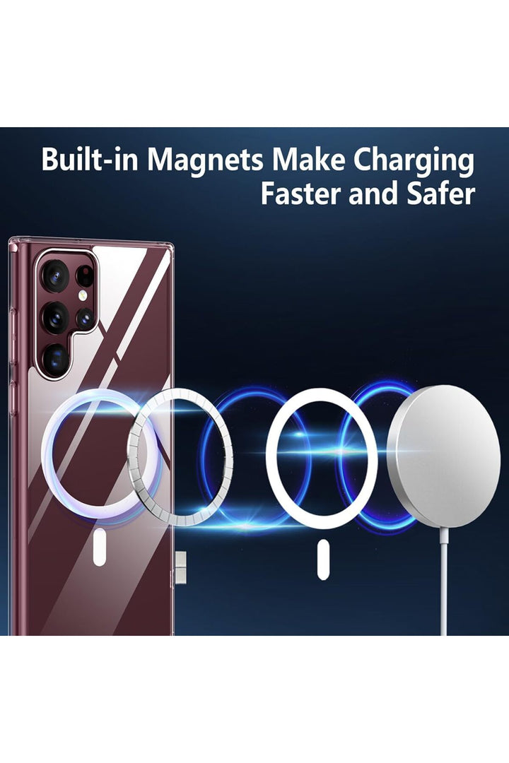 Samsung Galaxy S22 Ultra Uyumlu Kılıf Kamera Çıkıntılı Şeffaf Magsafe Kablosuz Şarj Destekli Kapak