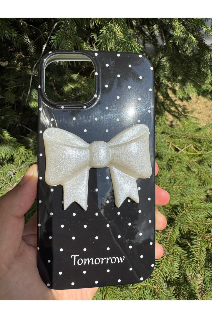 iPhone 15 Uyumlu Kılıf Simli Parlak Fiyonk Desenli Silikon Kamera Çevresi Koruyucu Kapak