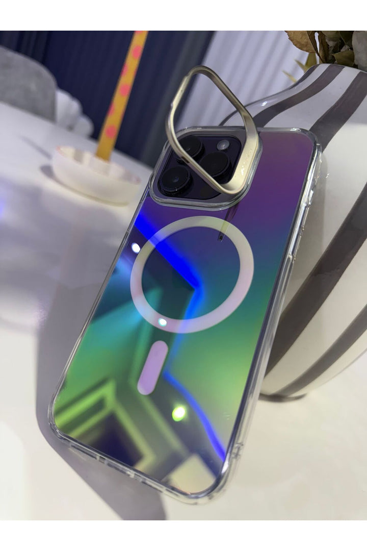 iPhone 15 Pro Max Uyumlu Kılıf Metal Kamera Standlı Hologram Renkli Ayna Görünümlü Premium Kapak