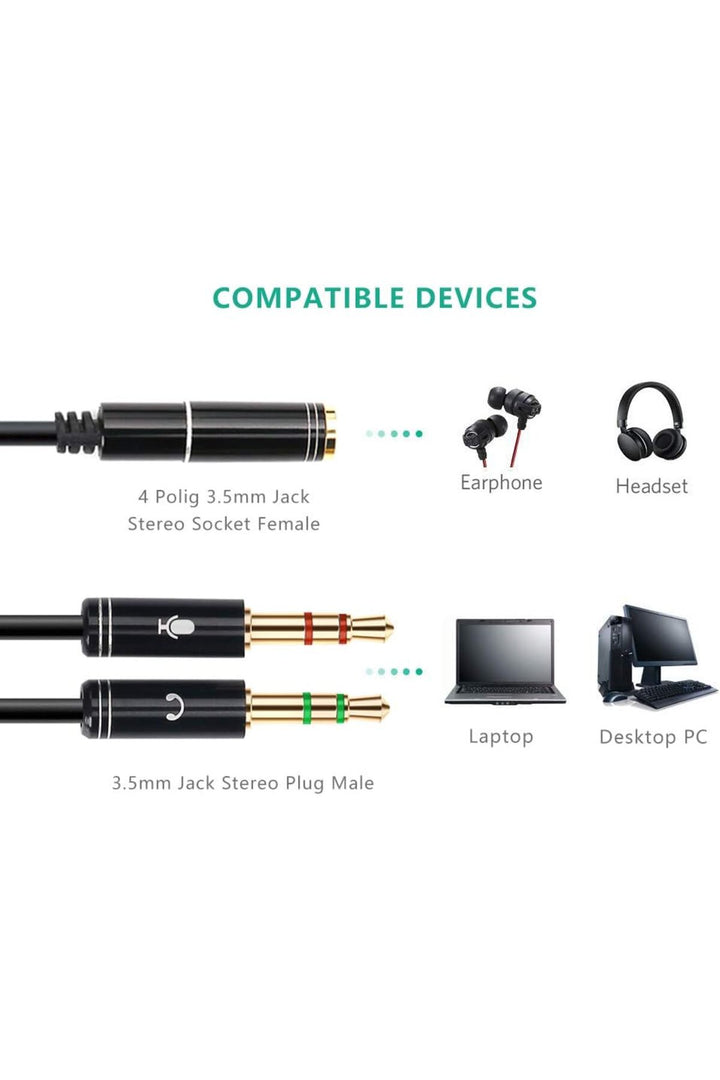 Aux To 2x Aux Kablo 3.5mm Jack Çevirici Mikrofon ve Kulaklk Çoklayıcı Dönüştürücü Aux Stereo Adaptör