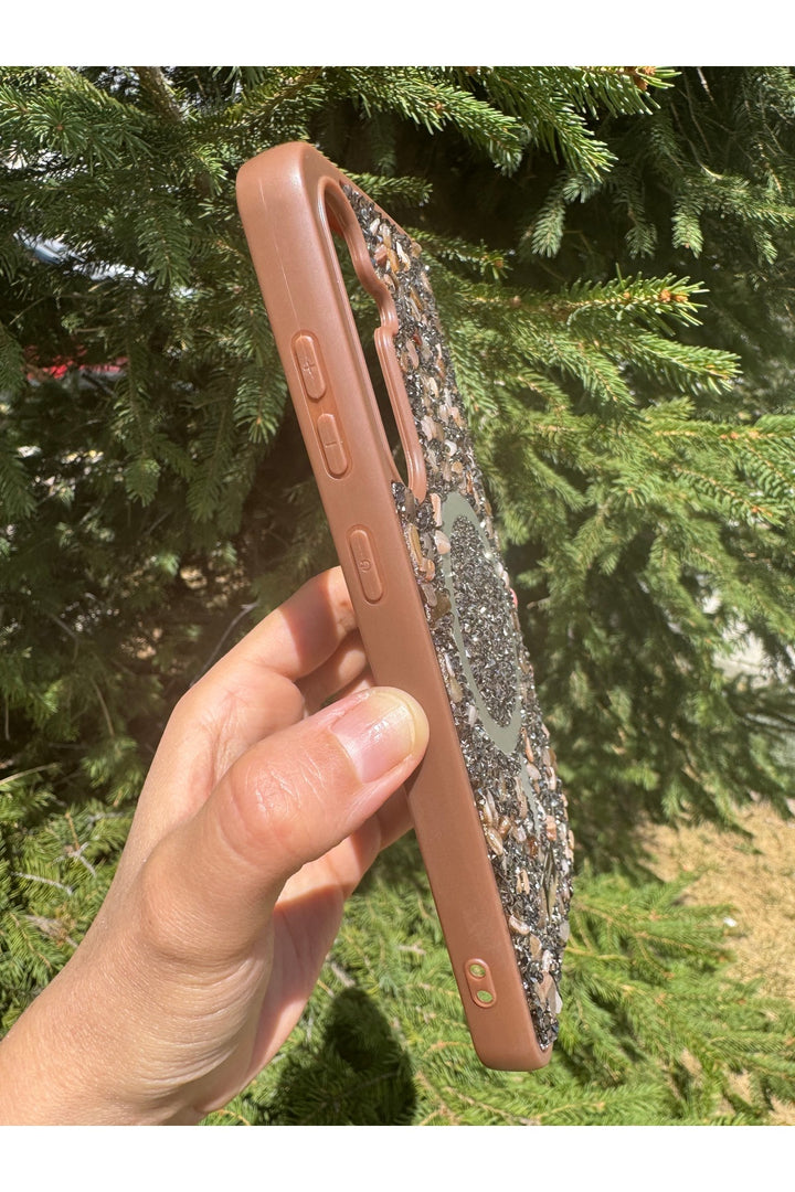 Samsung Galaxy S24/S25 Uyumlu Taşlı Magsafe Kılıf Parlak Taşlı Simli Koruyucu Kablosuz Şarj Silikon
