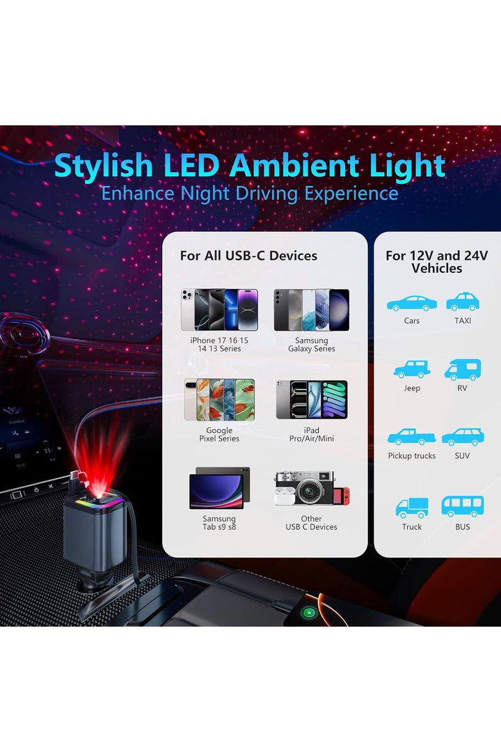 Type-C & Lightning Çek-Bırak Kablolu Stary Sky Yıldız Aydınlatmalı RGB 120W Hızlı Araç Şarj Cihazı