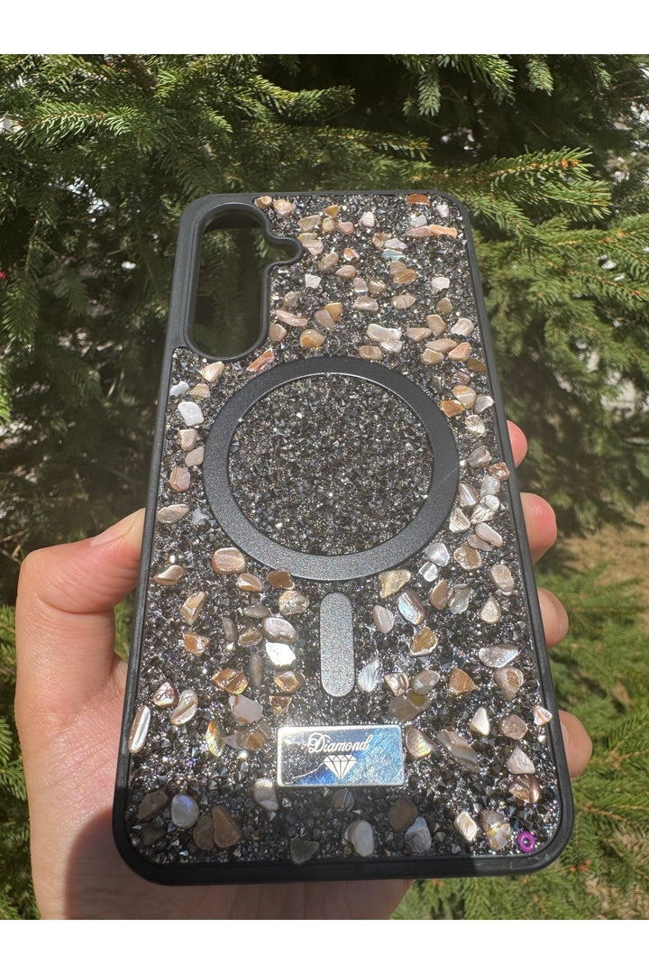 Samsung Galaxy S24 Fe Uyumlu Taşlı Magsafe Kılıf Parlak Taşlı Simli Koruyucu Kablosuz Şarj Silikon