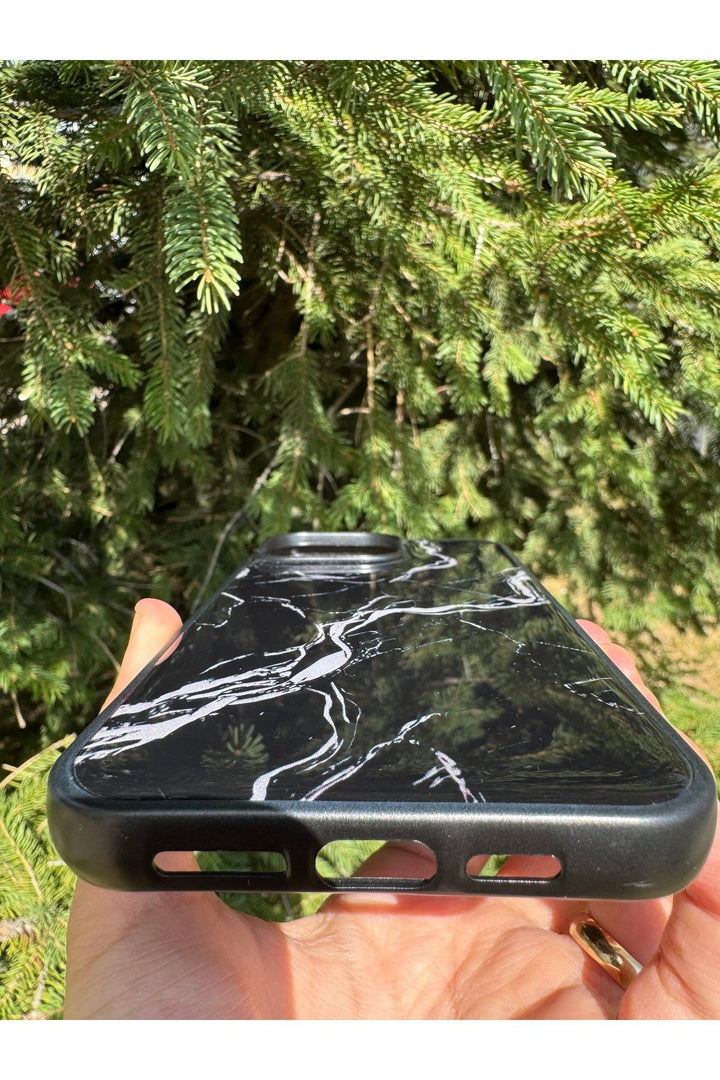 iPhone 15 Pro Max Uyumlu Kılıf Parlak Mermer Desenli Kamera Kenar Koruyuculu Arka Kapak