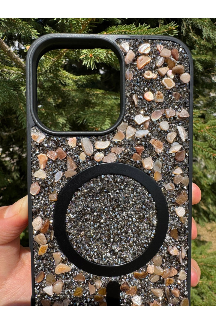 iPhone 16 Pro Max Uyumlu Taşlı Magsafe Kılıf Parlak Taşlı Simli Koruyucu Kablosuz Şarj Silikon Kapak