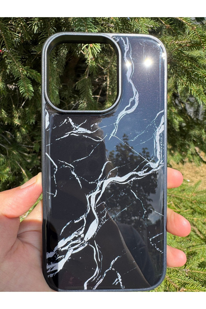 iPhone 16 Pro Uyumlu Kılıf Parlak Mermer Desenli Kamera Kenar Koruyuculu Arka Kapak
