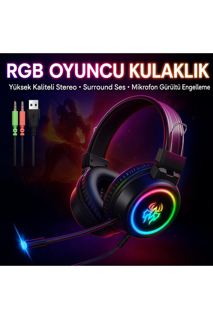 Kulak Üstü Oyuncu Kulaklık RGB Aydınlatmalı Gaming Ayarlanabilir USB 3.5mm Jack Mikrofonlu Kulaklık