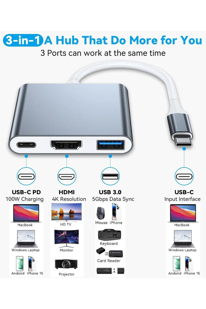 İpad Iphone 16/17 Pro Max Uyumlu Type-c To 4k Hdmi Hub Usb-c Type-c Pd Usb Çevirici 3in1 Dönüştürücü