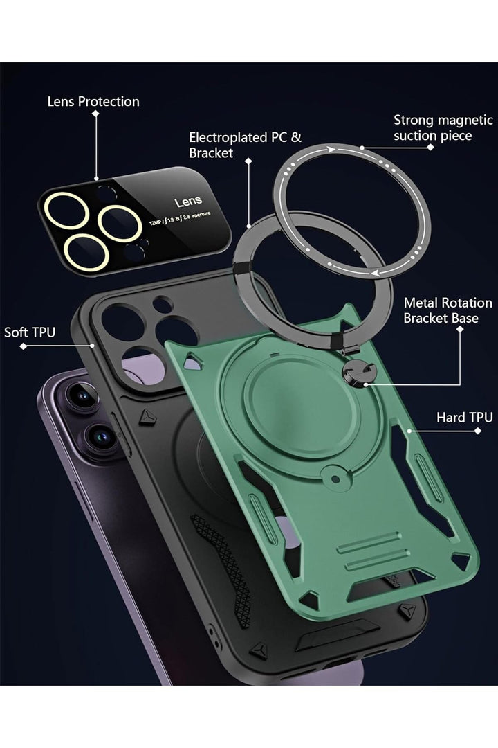 iPhone 15 Pro Max Uyumlu Kılıf Magsafe Standlı Kamera Lens Korumalı Dayanıklı Renkli Tank Kapakk