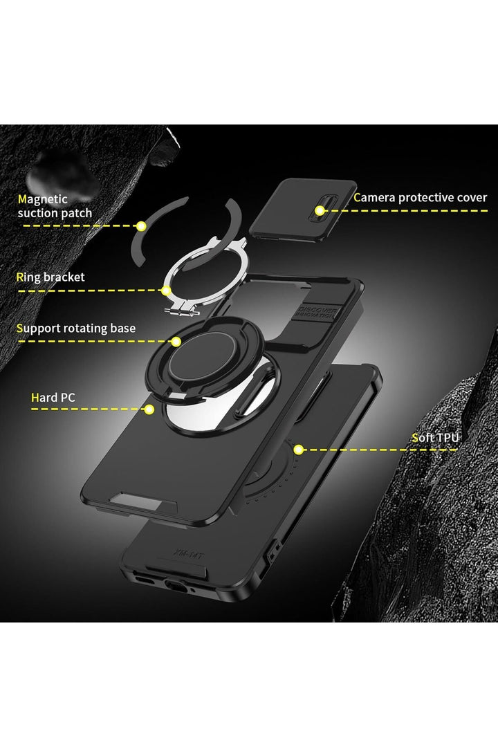 Mi 15T Uyumlu Kılıf Kamera Korumalı Sürgülü 360 Dönebilen Magsafe Stand Siyah Tank Arka Kapak