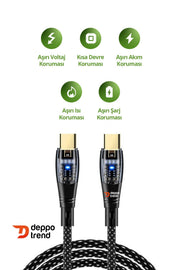 Samsung Xiaomi Oppo Huawei Uyumlu 60w Turbo Hızlı Şarj ve Data Kablosu Şeffaf Tasarım Led Işıklı