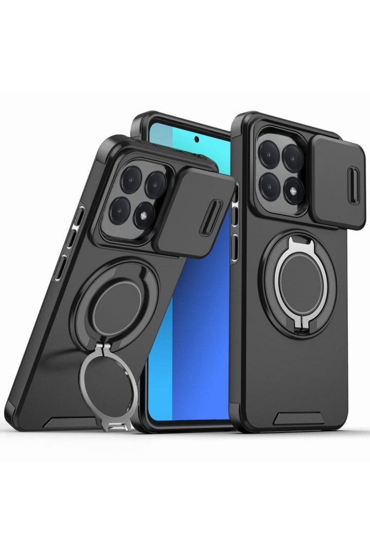 Xiaomi Mi 14T Pro Uyumlu Kılıf Kamera Korumalı Sürgülü 360 Dönebilen Magsafe Stand Siyah Tank Kapak