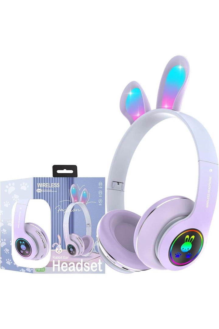 6 Saat Uzun Kullanım Micro SD/Bluetooth Tavşan Kulak Renkli Işıklı RGB Kulaküstü Kablosuz Kulaklık