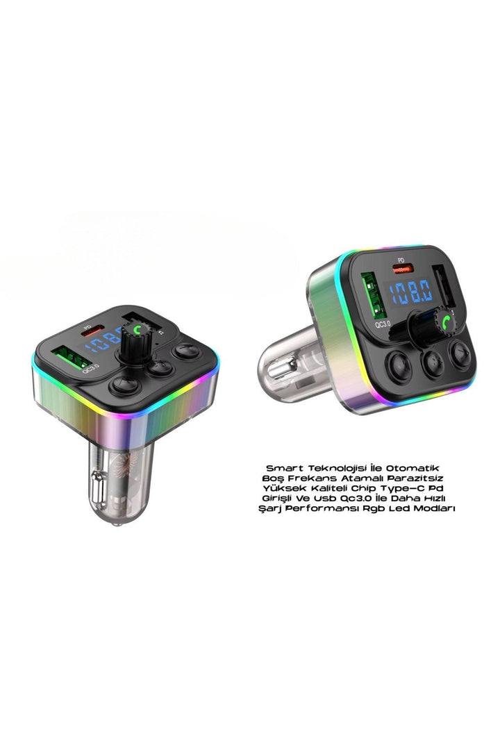 Bluetooth Araç Kiti FM Transmitter USB Type-C PD RGB LED Işıklı Flash Bellek MP3 Çakmaklık Girişli