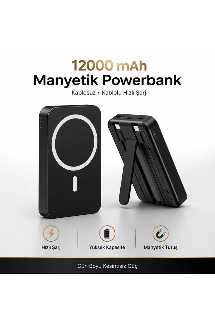 iPhone 12/13/14/15/16 Plus/17 Pro Max Uyumlu 12000 Powerbank Kablolu ve Kablosuz Hızlı Şarj Cihazı