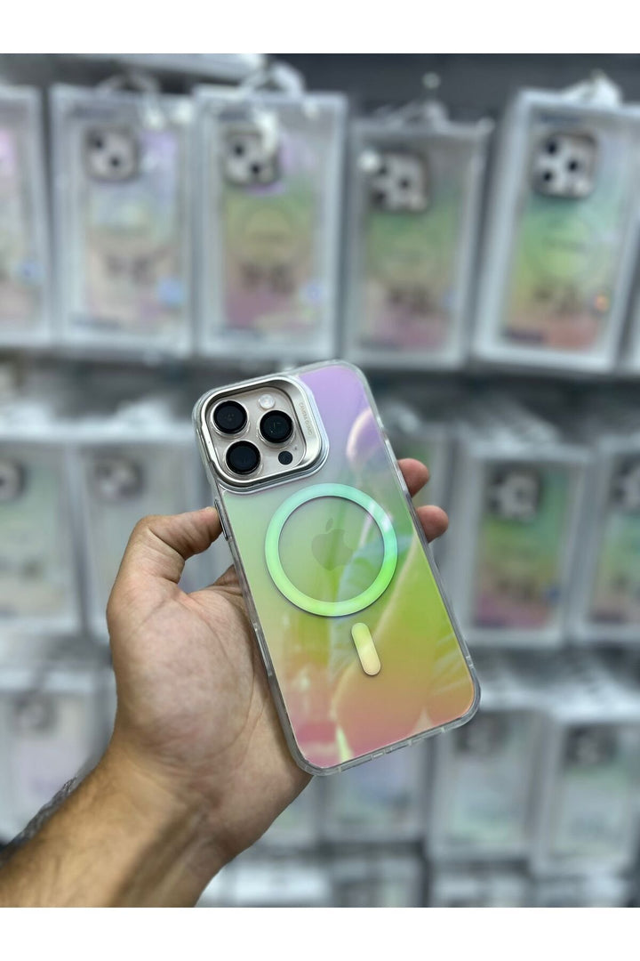 iPhone 15 Pro Max Uyumlu Kılıf Metal Kamera Standlı Hologram Renkli Ayna Görünümlü Premium Kapak