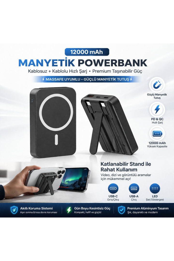 iPhone 12/13/14/15/16 Plus/17 Pro Max Uyumlu 12000 Powerbank Kablolu ve Kablosuz Hızlı Şarj Cihazı