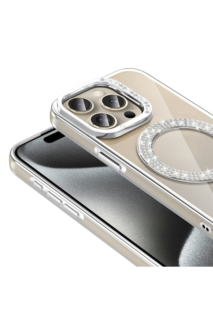 iPhone 15 Pro Max Uyumlu Kılıf Simli Parlak Stand Olabilen Magsafe Şarj için Uygun Renkli Arka Kapak