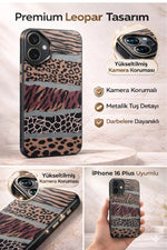 Load image into Gallery viewer, iPhone 16 Plus Uyumlu Kılıf Vintage Leopar Desenli Çizgili Metalik Tuşlu Kamera Çıkıntılı Kapak