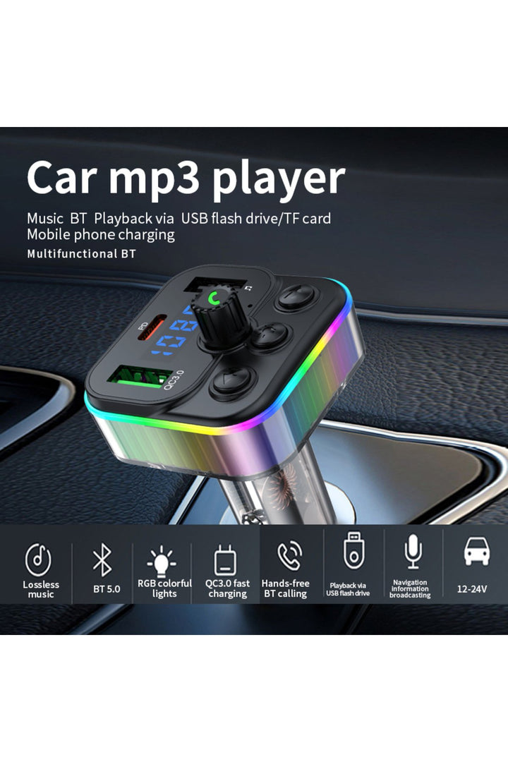 Bluetooth Araç Kiti FM Transmitter USB Type-C PD RGB LED Işıklı Flash Bellek MP3 Çakmaklık Girişli