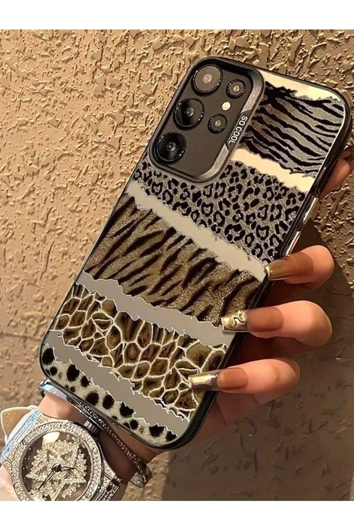 Samsung Galaxy S23 Ultra Uyumlu Kılıf Leopar Desenli Kahverengi Çizgili Metalik Tuşlu Kamera Çıkıntı