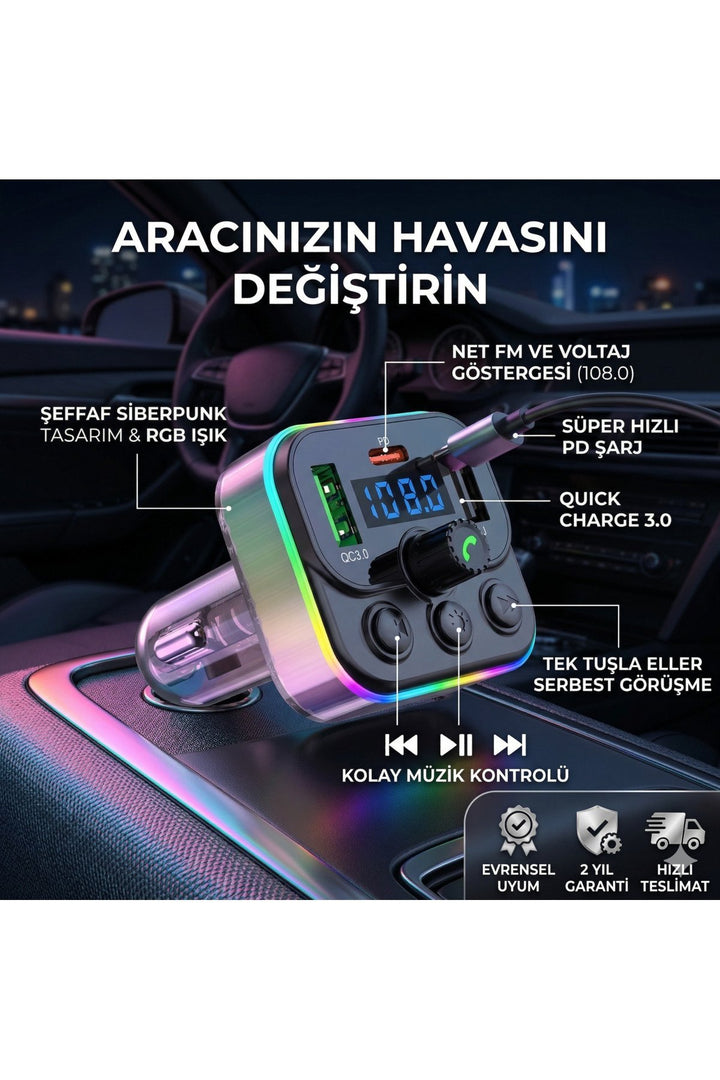 Bluetooth Araç Kiti FM Transmitter USB Type-C PD RGB LED Işıklı Flash Bellek MP3 Çakmaklık Girişli