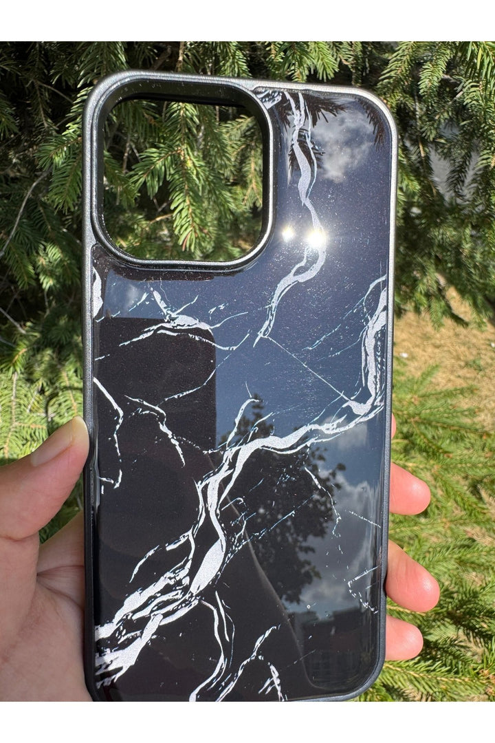 iPhone 15 Pro Max Uyumlu Kılıf Parlak Mermer Desenli Kamera Kenar Koruyuculu Arka Kapak