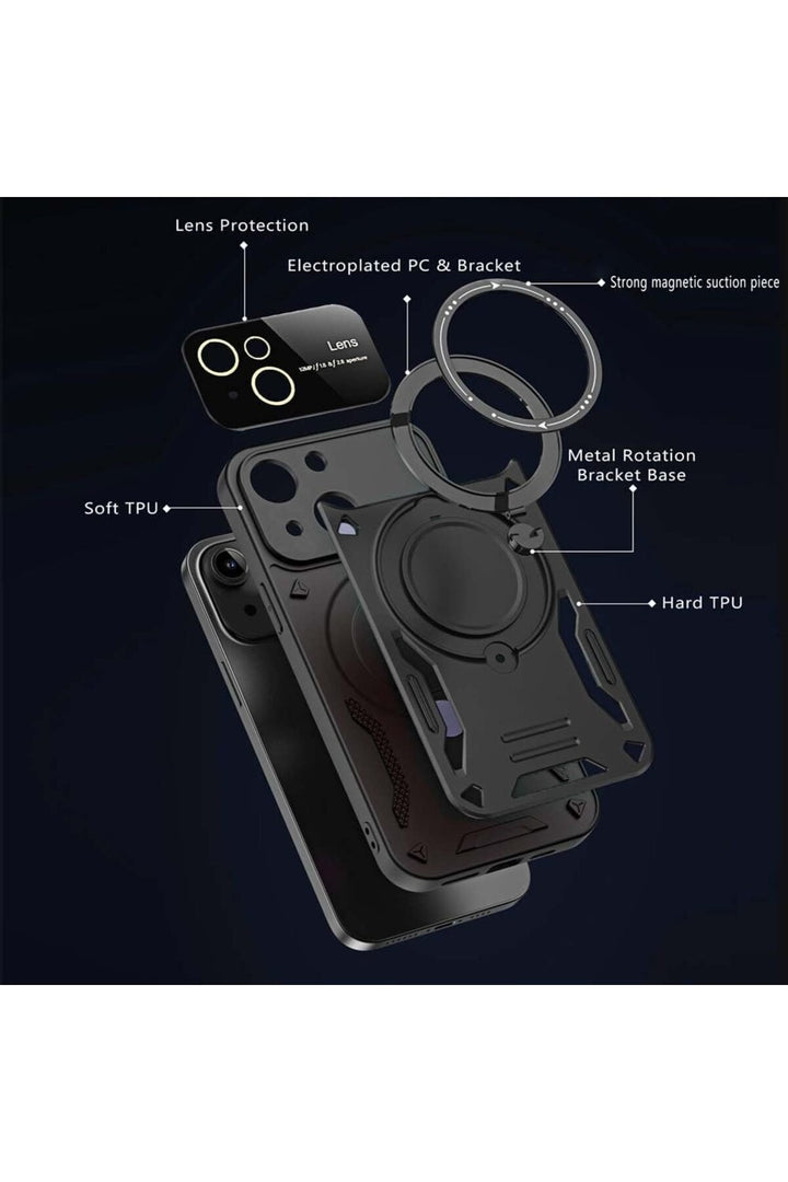 iPhone 15 Uyumlu Kılıf Magsafe Standlı Kamera Lens Korumalı Darbelere Dayanıklı Renkli Tank Kapak