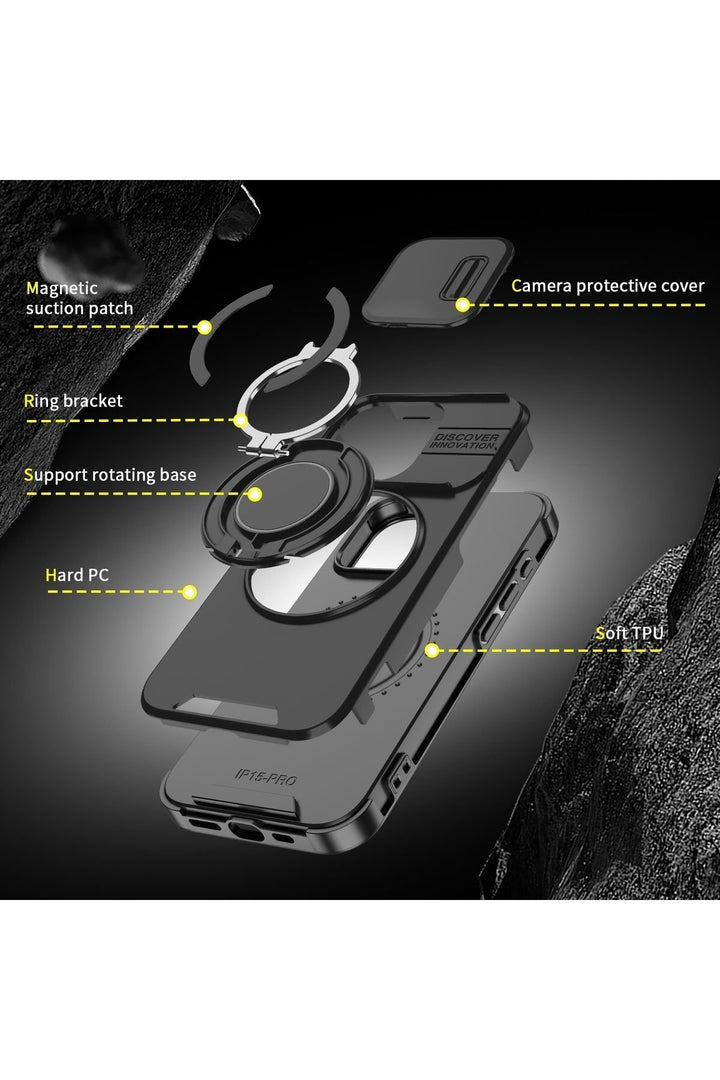 iPhone 14 Pro Max Uyumlu Kılıf Kamera Korumalı Sürgülü 360 Dönebilen Magsafe Stand Renkli Tank Kapak